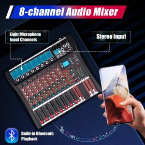 Professional Audio Mixer Sound Board Console Desk System 8 Channels Bluetooth Live Studio Mixing Console, 8 Channel Audio Mixer, Sound Mixing Console USB Digtal Mic, Black and Red (8 Channels)