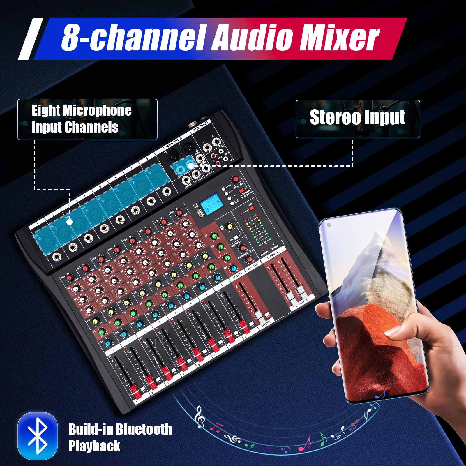 Professional Audio Mixer Sound Board Console Desk System 8 Channels Bluetooth Live Studio Mixing Console, 8 Channel Audio Mixer, Sound Mixing Console USB Digtal Mic, Black and Red (8 Channels)