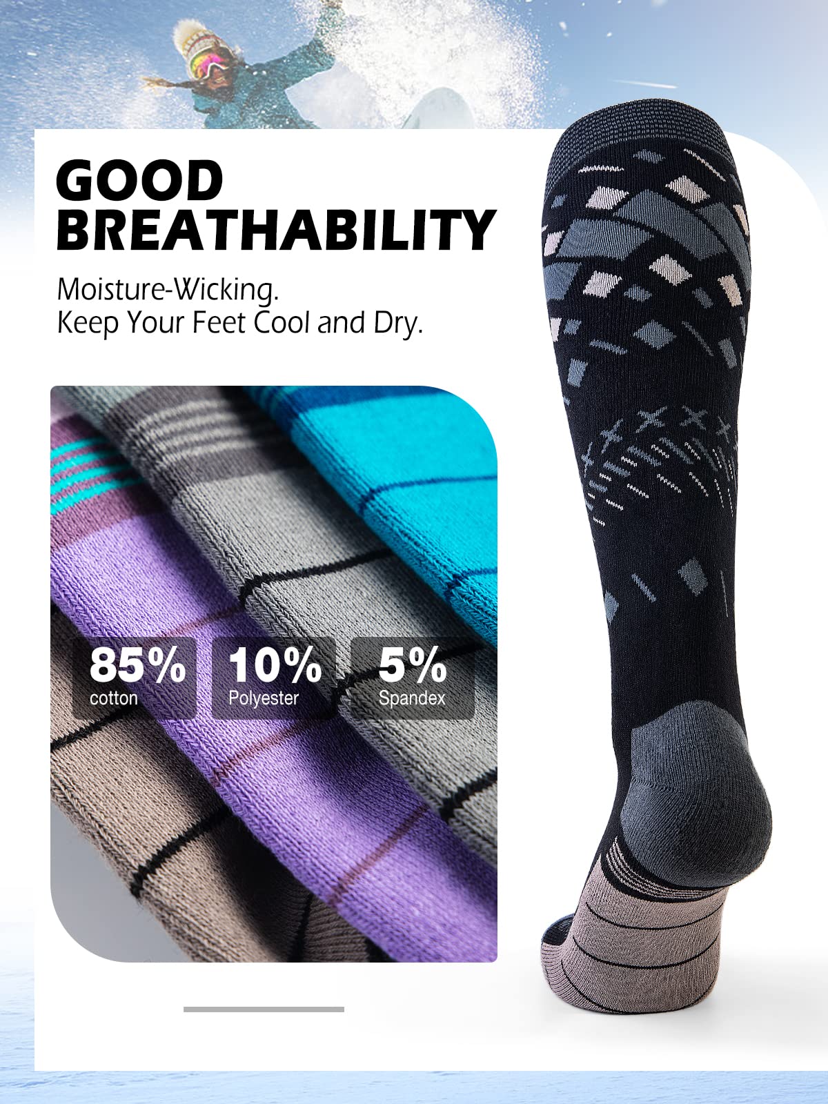 OutdoorMaster Unisex Ski Socks,Skiing and Snowboarding Socks for Men & Women with Over the Calf Design/Non-Slip Cuff