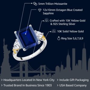 925 Silver and 10K Yellow Gold Blue Simulated Sapphire Moissanite and Diamond 3 Stone Ring For Women (7.66 Cttw, Gemstone Birthstone, Emerald Cut 12X10MM, Available In Size 5, 6, 7, 8, 9)