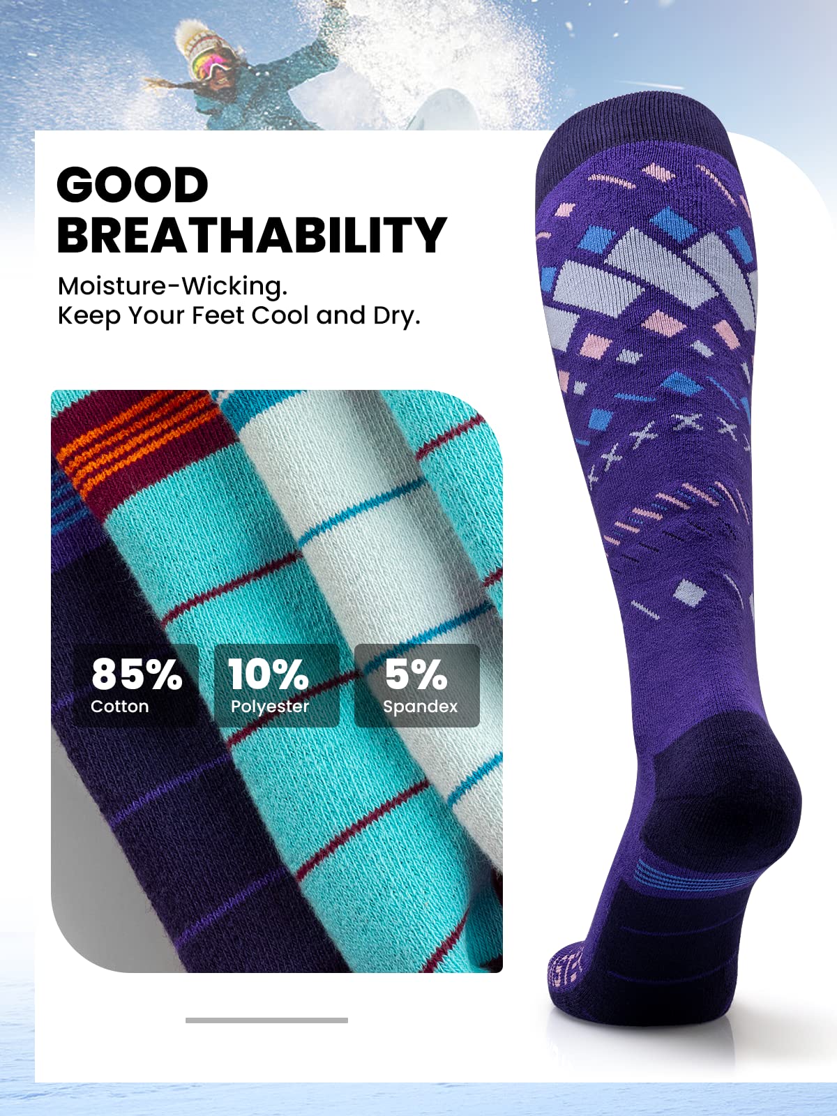 OutdoorMaster Unisex Ski Socks,Skiing and Snowboarding Socks for Men & Women with Over the Calf Design/Non-Slip Cuff