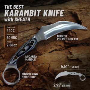 Grand Way Karambit Knife with Sheath & Micarta Handle - Small Fixed Blade Knife - Pocket Knife - Best Karambit Knife with Wood Handle Clip - 440C Steel Camping Knives