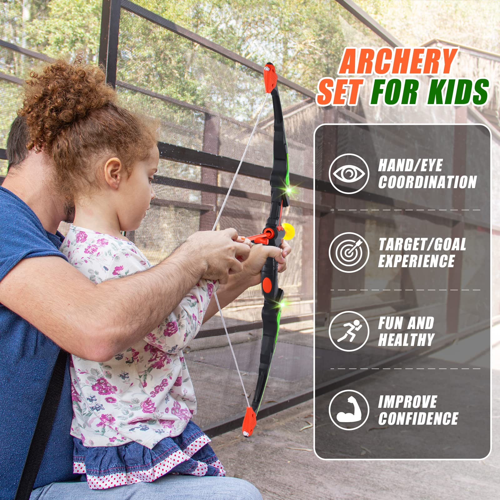 Bow and Arrow for Kids with LED Lights - Kids Archery Set includes 1 Bow, 10 Suction Cups Arrows, 2 Targets and Quiver, Play Indoor and Outdoor for Boys Girls Aged 3 4 5 6 7 8-12 Years