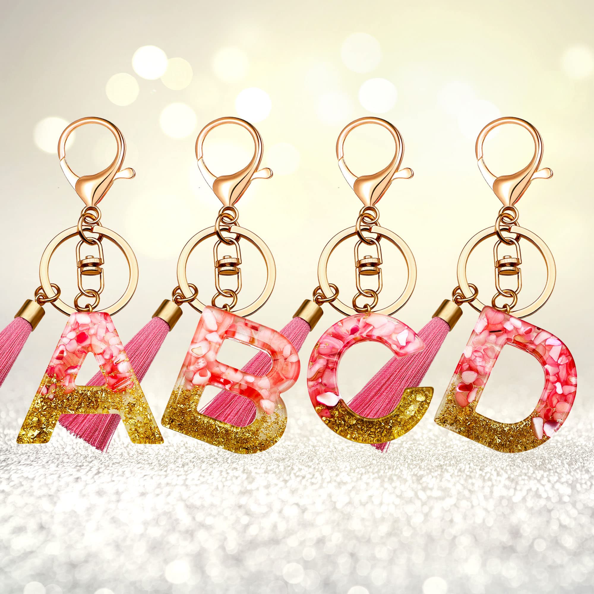 Letter Initial Keychains for Women Tassel Bling White Pink Cute shiny Keychain for Car key Backpack Purses Wallet (Pink Tassel A)