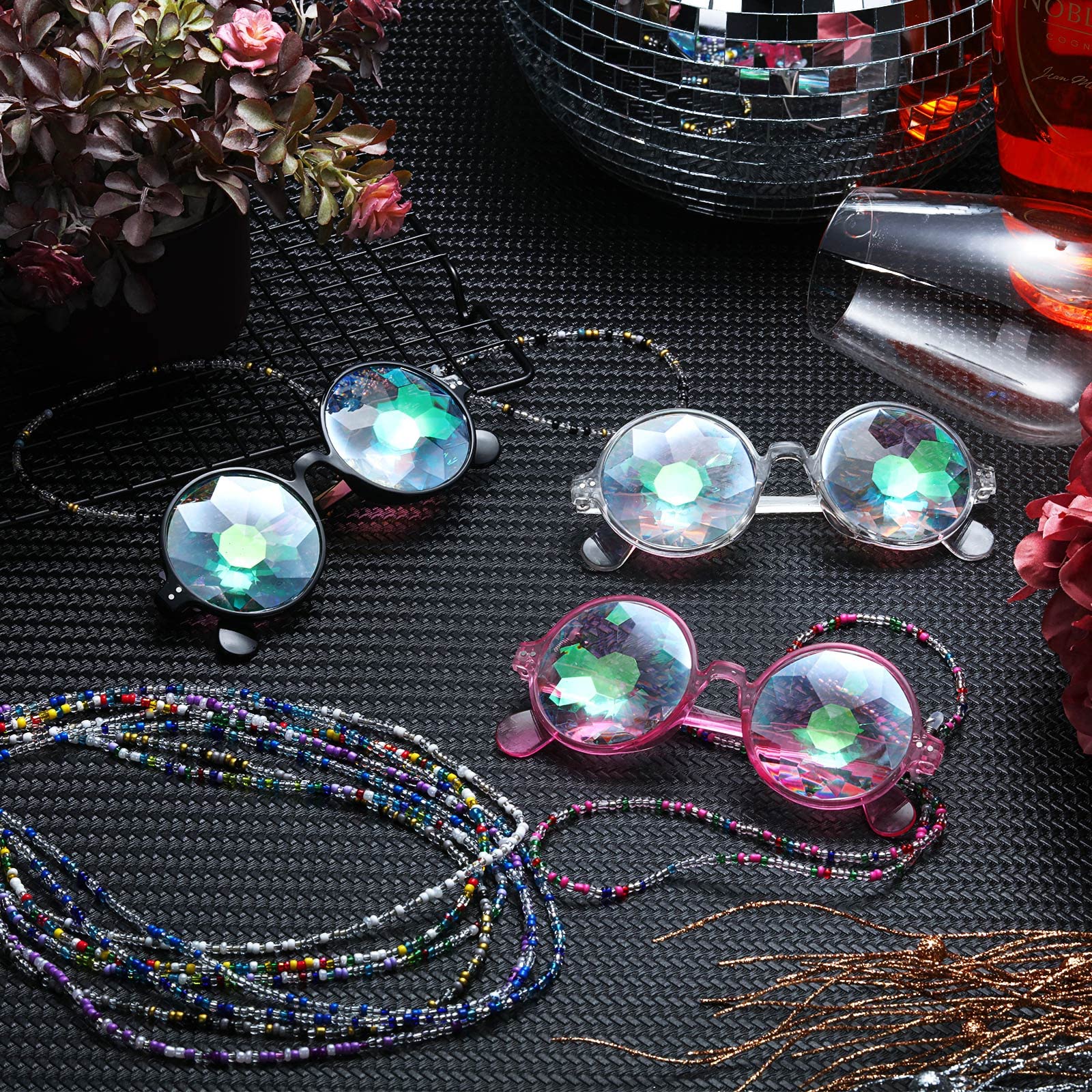 Yunsailing 9 Pairs Kaleidoscope Rave Glasses with 9 Beaded Glasses Strap Rainbow Rave Goggles Prism Fun Sunglasses Eyeglass Chain for Carnival Party Festival Accessories