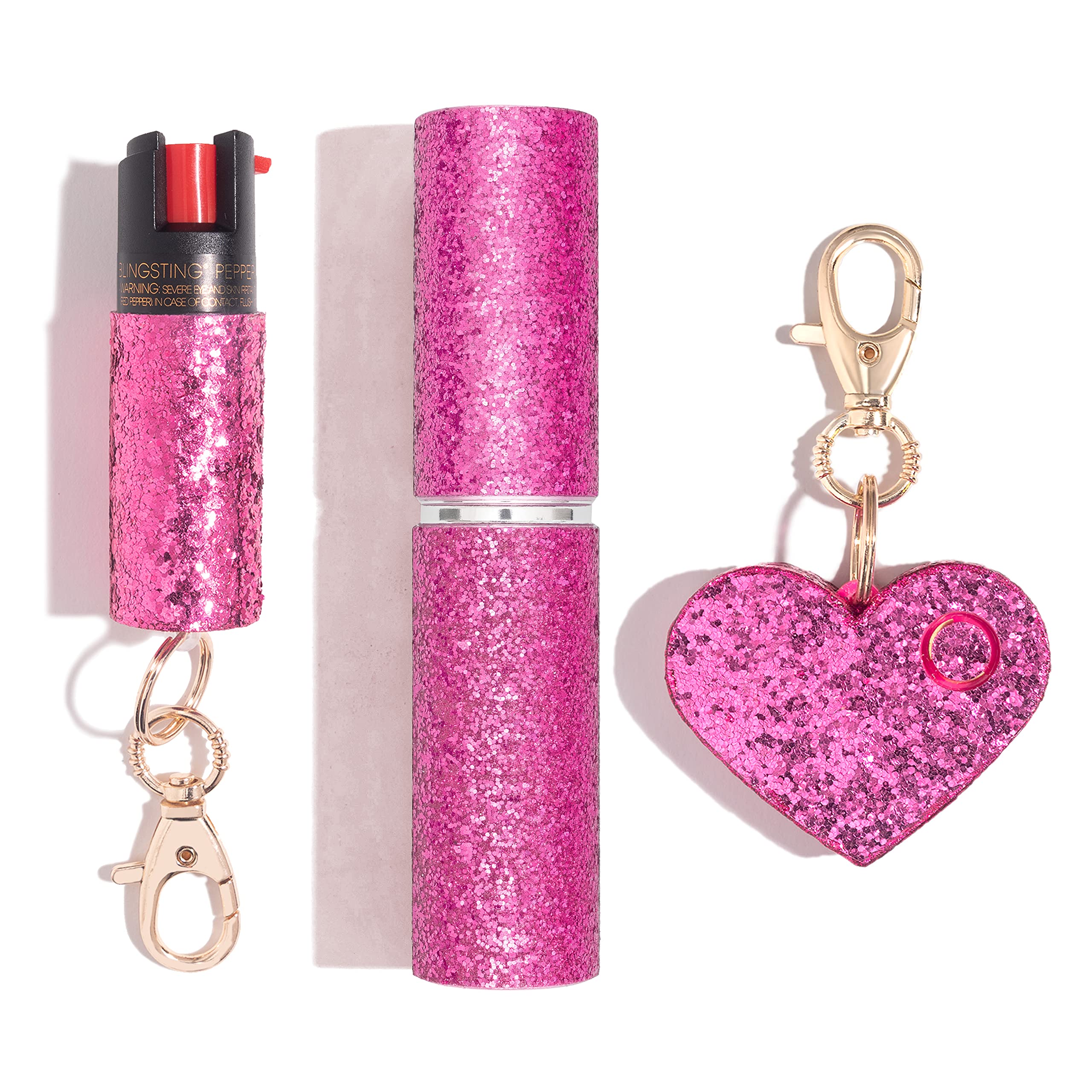 BLINGSTING Pepper Spray, Mini Stun Gun, & Alarm 3-in-1 Safety Kit - Professional Grade, Maximum Strength, High Voltage, Rechargeable Self-Defense for Women, Pink Glitter