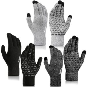 nertpow winter gloves touchscreen gloves 3 packs, gloves for men knit anti-slip, gloves for women with warm fleece lined(black&black_white&soft_gray_white-m)