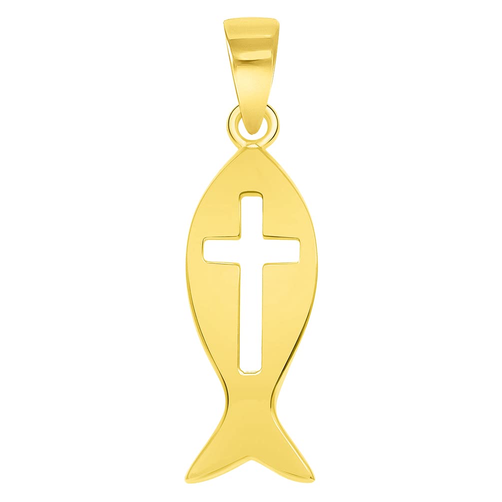 Jewelry America 14k Yellow Gold Ichthus Cut-Out Cross Charm Christian Fish Symbol Pendant