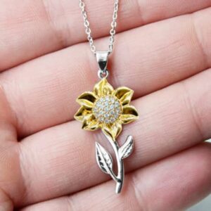 To My Badass Daughter Gift From Mom Sunflower Necklace for Women, 925 Sterling Silver and Real Gold Cubic Zirconia Sunflower Pendant with Sentimental Message Card, From Mom Mommy, White