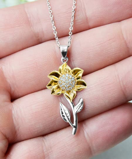 To My Badass Daughter Gift From Mom Sunflower Necklace for Women, 925 Sterling Silver and Real Gold Cubic Zirconia Sunflower Pendant with Sentimental Message Card, From Mom Mommy, White