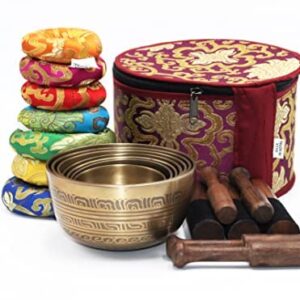 SANSKAR NEPAL Tibetan High Sided Singing Bowl Set in a Purple Carry Box for Meditation, Yoga, Relaxation (7 Sets with diameter ranging 3" - 5")