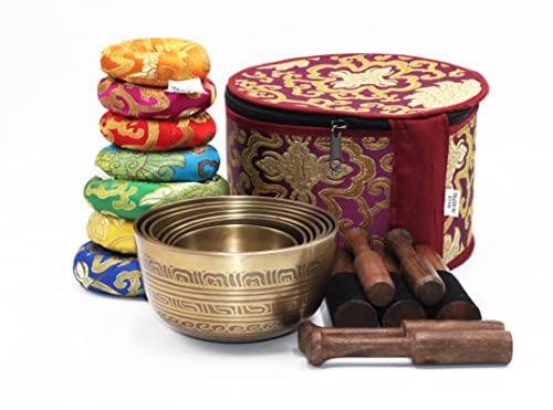 SANSKAR NEPAL Tibetan High Sided Singing Bowl Set in a Purple Carry Box for Meditation, Yoga, Relaxation (7 Sets with diameter ranging 3" - 5")