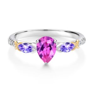 Gem Stone King 925 Silver 10K Yellow Gold Pear Shape Pink Created Sapphire Blue Tanzanite and White Lab Grown Diamond Engagement Ring For Women (1.35 Cttw, Gemstone September Birthstone, Size 8)