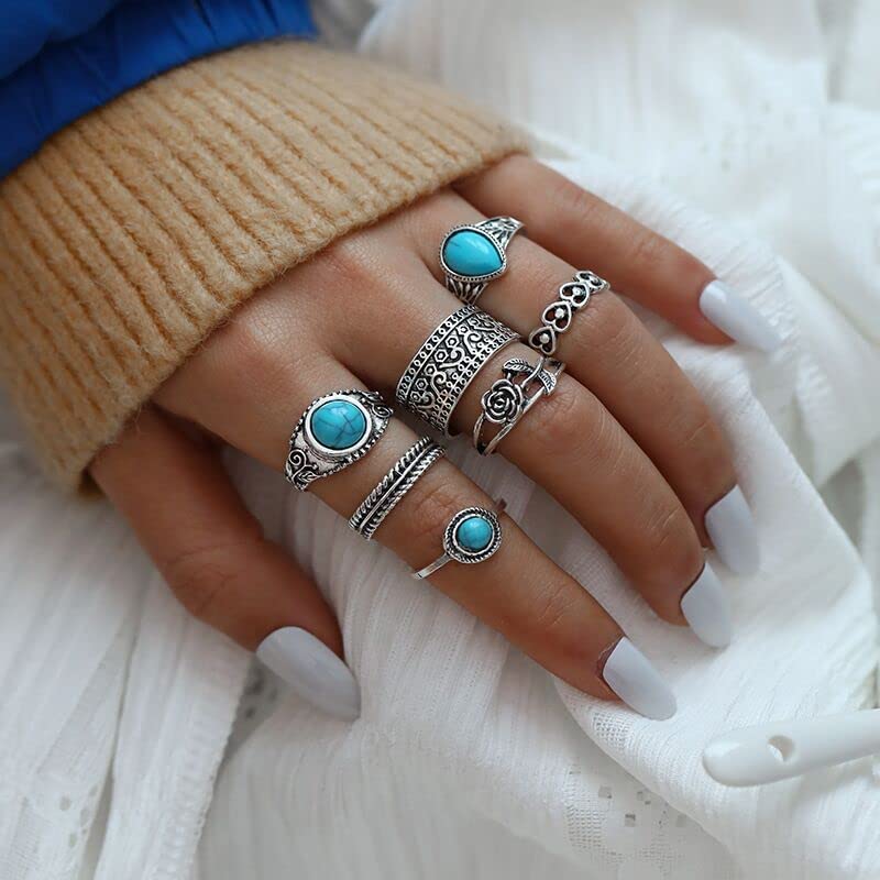 BVGA 40 Pcs Vintage Turquoise Rings for Women Bohemian Silver Oval Gemstone Rings Western Rings Boho Joint Knuckle Rings Midi Stacking Rings Set Gifts