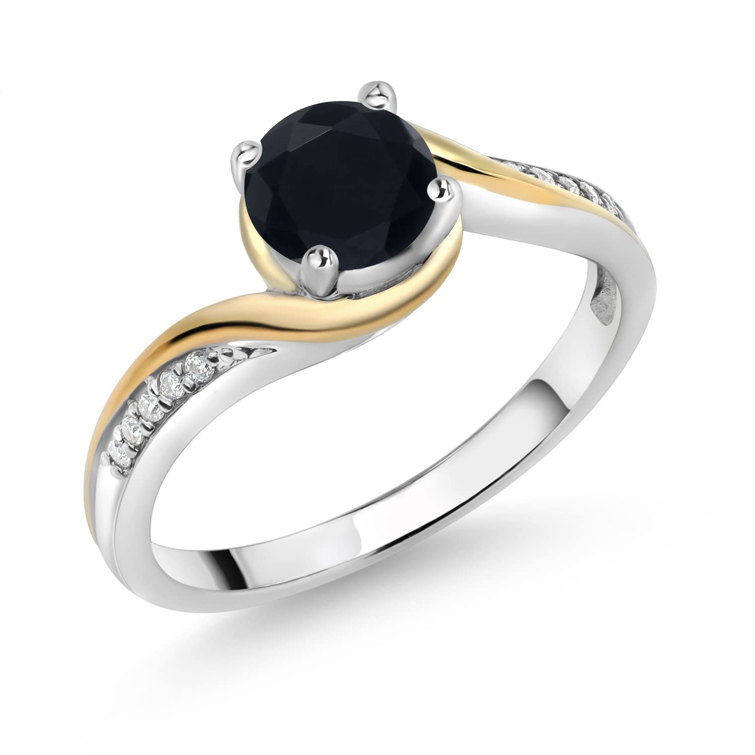 Gem Stone King 925 Sterling Silver and 10K Yellow Gold Round Black Onyx and White Moissanite Engagement Ring For Women (0.85 Cttw, Gemstone Birthstone, Available In Size 5, 6, 7, 8, 9)