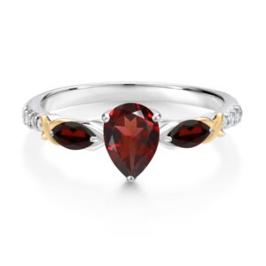 Gem Stone King 925 Silver 10K Yellow Gold Pear Shape Red Garnet and White Lab Grown Diamond Engagement Ring For Women (1.18 Cttw, Gemstone January Birthstone, Size 7)