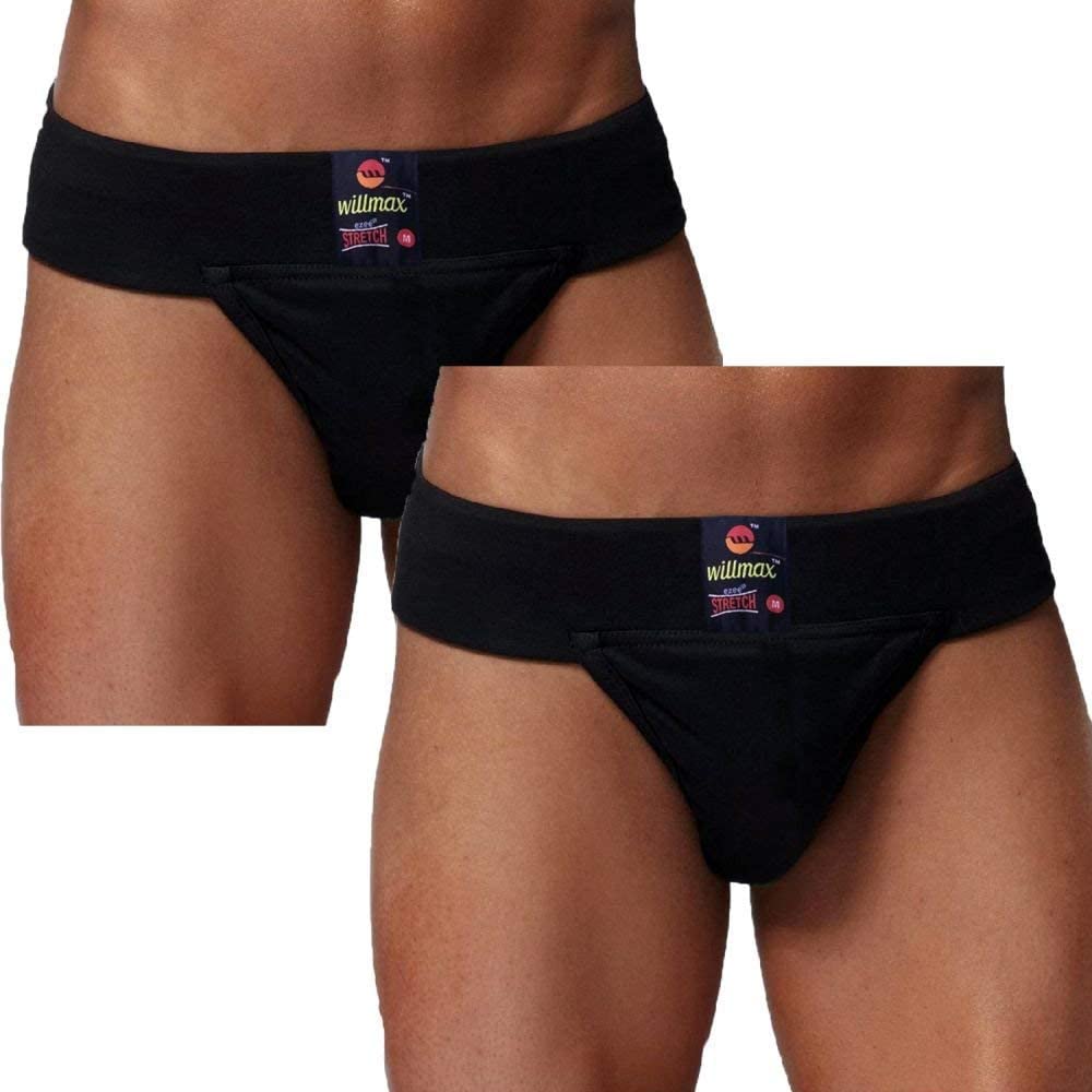 WMX Gym Cotton Supporter Back Covered with Cup Pocket Athletic Fit Brief Multi Sport Underwear Pack 2 (Ezee, Black M)