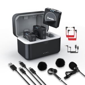 Zwide Professional Wireless Lavalier Microphone System M1 Plus(Black)+C1 (2TX+1RX+Charging Case), with 2.4GHz Real Time Monitoring, Compact Dual Transmitter & 1 Receiver with Noise Cancellation