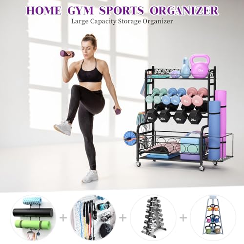 Weight Rack for Dumbbells, Dumbbell Rack Weight Stand, VOPEAK Home Gym Storage Rack for Yoga Mat Kettlebells and Strength Training Equipment, Weight Storage Holder Rack for Dumbbells with Wheels