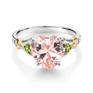 Gem Stone King 925 Silver and 10K Yellow Gold Peach Nano Morganite and Green Peridot and White Diamond Engagement Ring For Women | 3.38 Cttw | Heart Shape 10MM | Available in Size 5,6,7,8,9