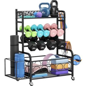 weight rack for dumbbells, dumbbell rack weight stand, vopeak home gym storage rack for yoga mat kettlebells and strength training equipment, weight storage holder rack for dumbbells with wheels