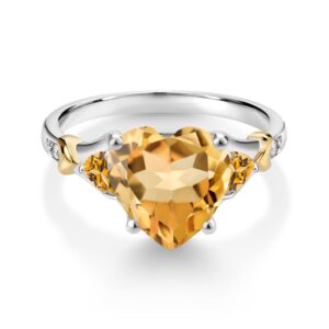 Gem Stone King 925 Silver and 10K Yellow Gold Yellow Citrine and White Diamond Engagement Ring For Women | 3.55 Cttw | Heart Shape 10MM | Gemstone November Birthstone | Size 8