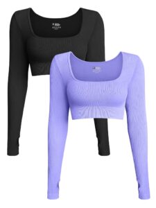 oqq women's 2 piece crop top ribbed seamless workout exercise long sleeve crop tops black purple