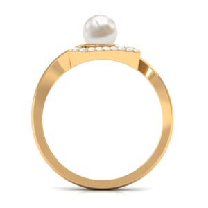 Rosec Jewels Freshwater Pearl Heart Bypass Ring| 5 MM Round| AAA Quality| Promise Ring for Her, 14K Yellow Gold, Size:US 7.50