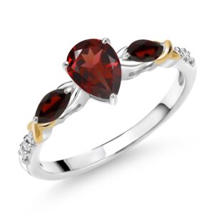 gem stone king 925 silver 10k yellow gold pear shape red garnet and white lab grown diamond engagement ring for women (1.18 cttw, gemstone january birthstone, size 7)