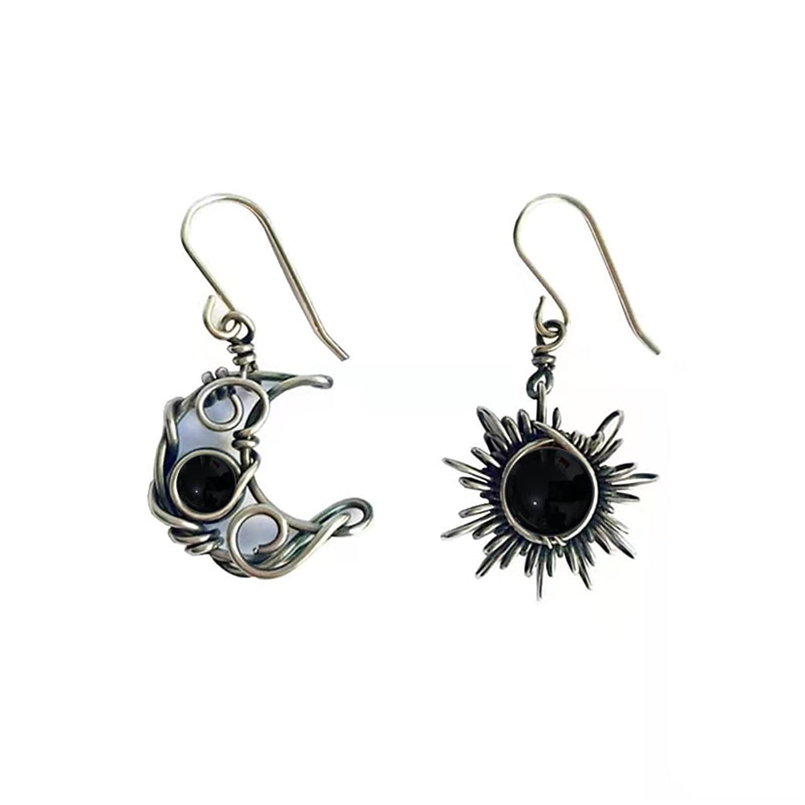 MALOYANVE Boho Opal Sun and Moon Drop Dangle Earrings Moonstone Natural Stone Hook Bohemian for Women Asymmetrical Antiqued Silver Celestial Jewelry (Black)