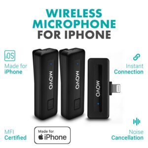 Movo Wireless Mini DI Duo Wireless Microphone for iPhone - iPhone Microphone for Video Recording with Clip on Lavalier Microphone for iPhone 10 HR Battery 164FT Range, Wireless Mic for iPhone