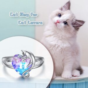 AOBOCO Cat Ring for Women Sterling Silver Cute Cat Kitty Ring with Purple Heart Crystal from Austria, Cat Jewelry Gifts for Cat Lover Size 6