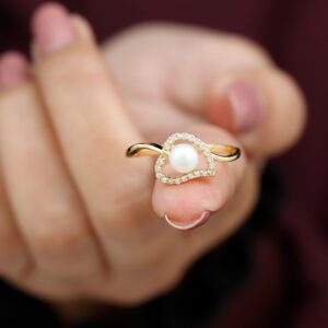 Rosec Jewels Freshwater Pearl Heart Bypass Ring| 5 MM Round| AAA Quality| Promise Ring for Her, 14K Yellow Gold, Size:US 7.50