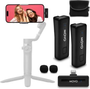 movo wireless mini di duo wireless microphone for iphone - iphone microphone for video recording with clip on lavalier microphone for iphone 10 hr battery 164ft range, wireless mic for iphone