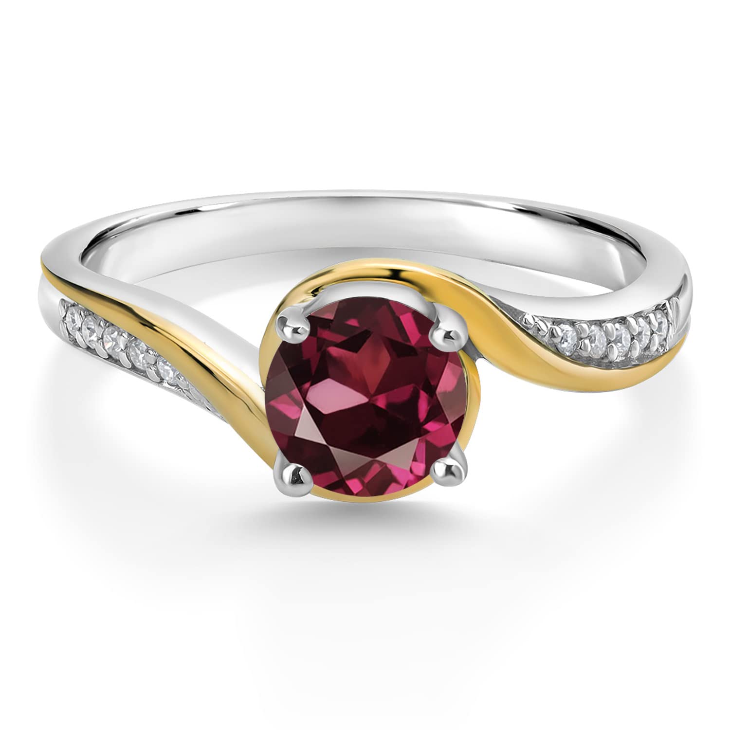 Gem Stone King 925 Silver and 10K Yellow Gold Round Red Rhodolite Garnet and White Moissanite Women Ring (1.05 Cttw, Gemstone Birthstone, Available In Size 5, 6, 7, 8, 9)