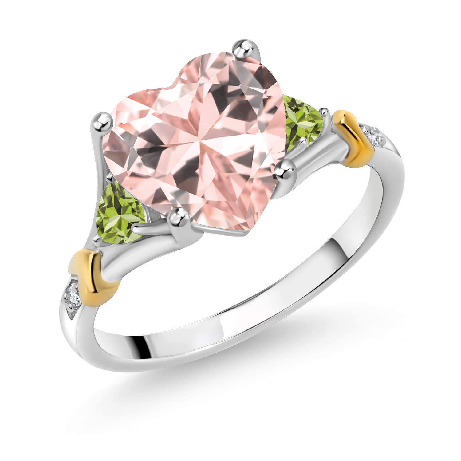 Gem Stone King 925 Silver and 10K Yellow Gold Peach Nano Morganite and Green Peridot and White Diamond Engagement Ring For Women | 3.38 Cttw | Heart Shape 10MM | Available in Size 5,6,7,8,9