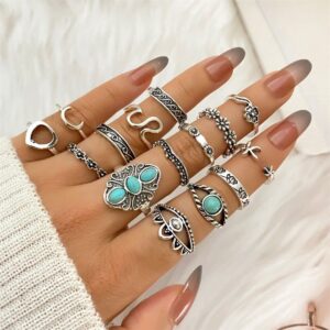 BVGA 40 Pcs Vintage Turquoise Rings for Women Bohemian Silver Oval Gemstone Rings Western Rings Boho Joint Knuckle Rings Midi Stacking Rings Set Gifts