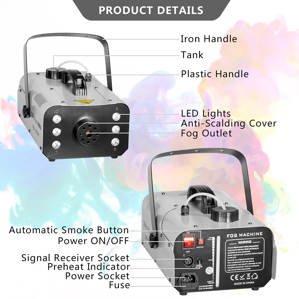 Fog Machine 900 Watt with 6 LED Lights and 2-In-1 Wireless Remote, Professional Stage Smoke Machine for DJ Halloween Parties Wedding