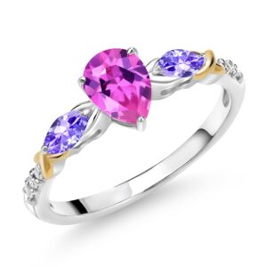 gem stone king 925 silver 10k yellow gold pear shape pink created sapphire blue tanzanite and white lab grown diamond engagement ring for women (1.35 cttw, gemstone september birthstone, size 8)