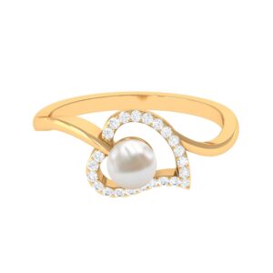 rosec jewels freshwater pearl heart bypass ring| 5 mm round| aaa quality| promise ring for her, 14k yellow gold, size:us 7.50