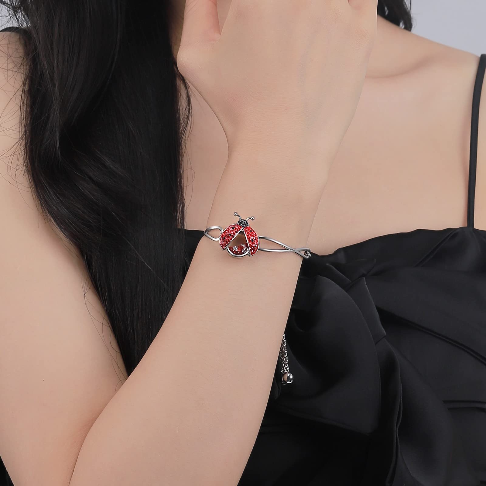 superchic Ladybug Locket Friendship Bracelet with Red & Jet Austrian Crystals and Cubic Zirconia in Rhodium Plating