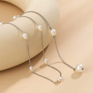 Sttiafay Pearl Back Necklace for Wedding Bridal Silver Backdrop Y-necklace Long Back Chain Sexy Tassel Back Necklace Body Jewelry for Backless Dress Women