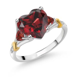 Gem Stone King 925 Silver and 10K Yellow Gold Red Garnet and White Diamond Engagement Ring For Women | 4.42 Cttw | Heart Shape 10MM | Gemstone January Birthstone | Size 9