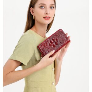 Women Leather Wallet RFID Designer crocodile Large Capacity Credit Cards Holder Organizer Phone Clutch (Wine)