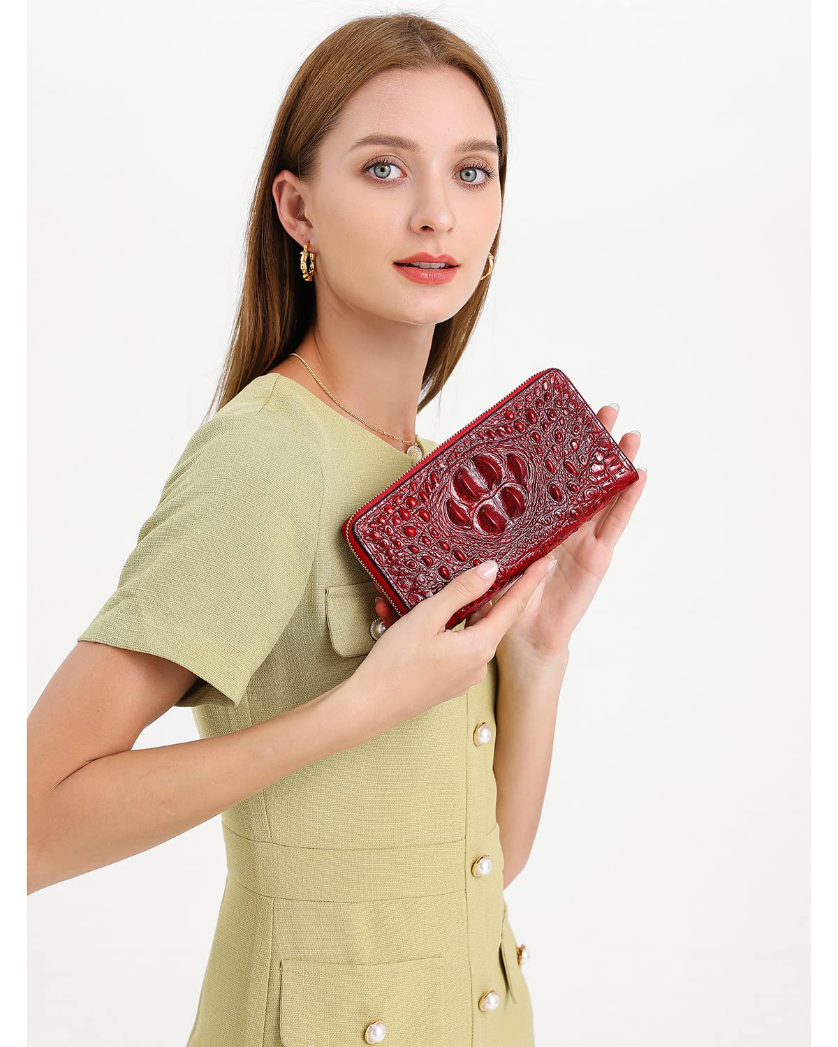 Women Leather Wallet RFID Designer crocodile Large Capacity Credit Cards Holder Organizer Phone Clutch (Wine)