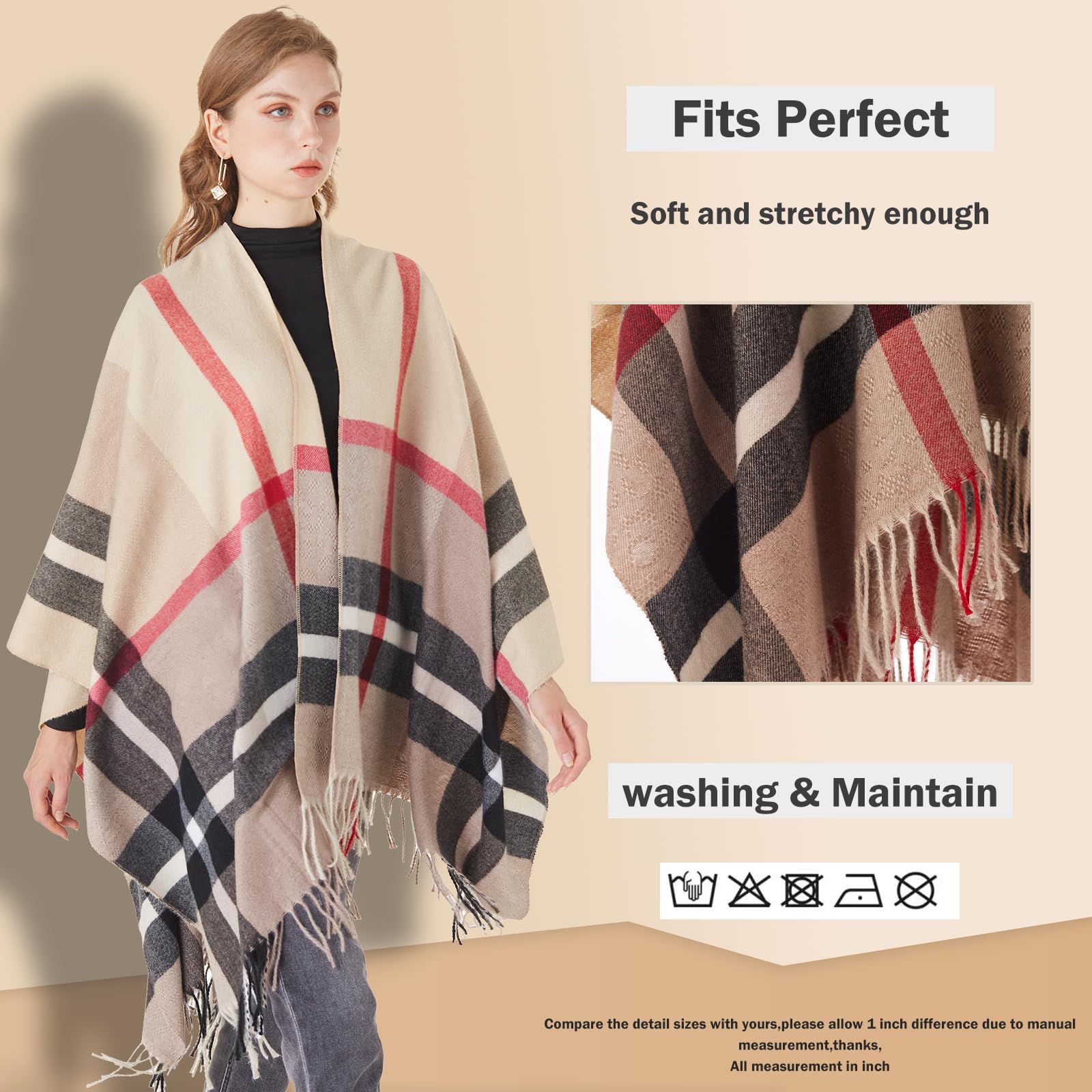 Rofilan Women's Plaid Shawl Wrap Warm Cardigan Open Front Poncho Cape for Central Air Conditioning or Public Chilly Places