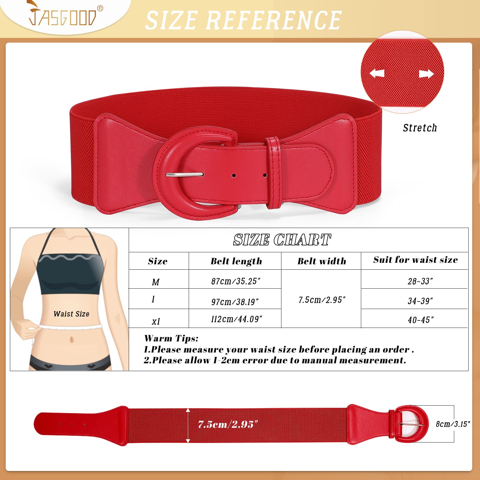 JASGOOD Women Retro Wide Stretchy Waist Belt, Vintage Chunky Buckle Red Belts for Dress