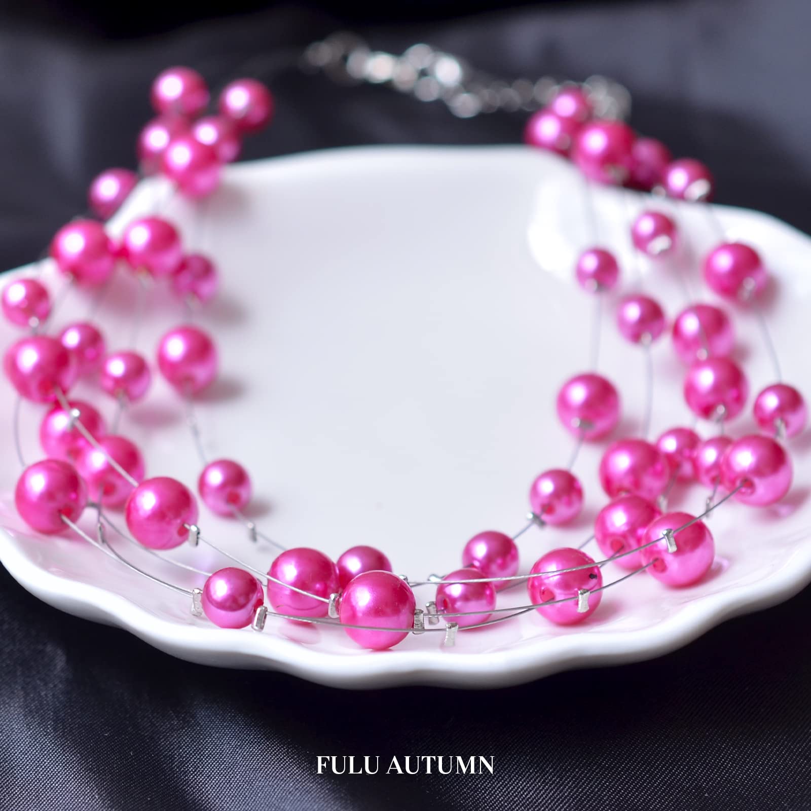 FULU AUTUMN Layered Pearl Necklace Multi-strand Pearl Choker Necklaces for Women Beaded jewelry for Wedding Parties(Hot pink)