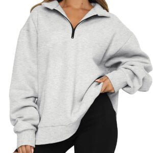 BASQDOV Women's Casual Sweatshirts 1/4 Zipper Long Sleeve Fall Top Oversized Pullover Tunics Teen Girls Fall Y2K Clothes(Light Grey,Small)