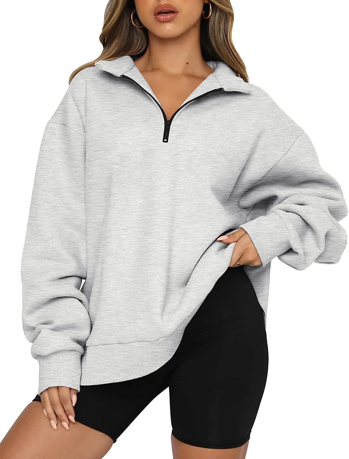 BASQDOV Women's Casual Sweatshirts 1/4 Zipper Long Sleeve Fall Top Oversized Pullover Tunics Teen Girls Fall Y2K Clothes(Light Grey,Small)